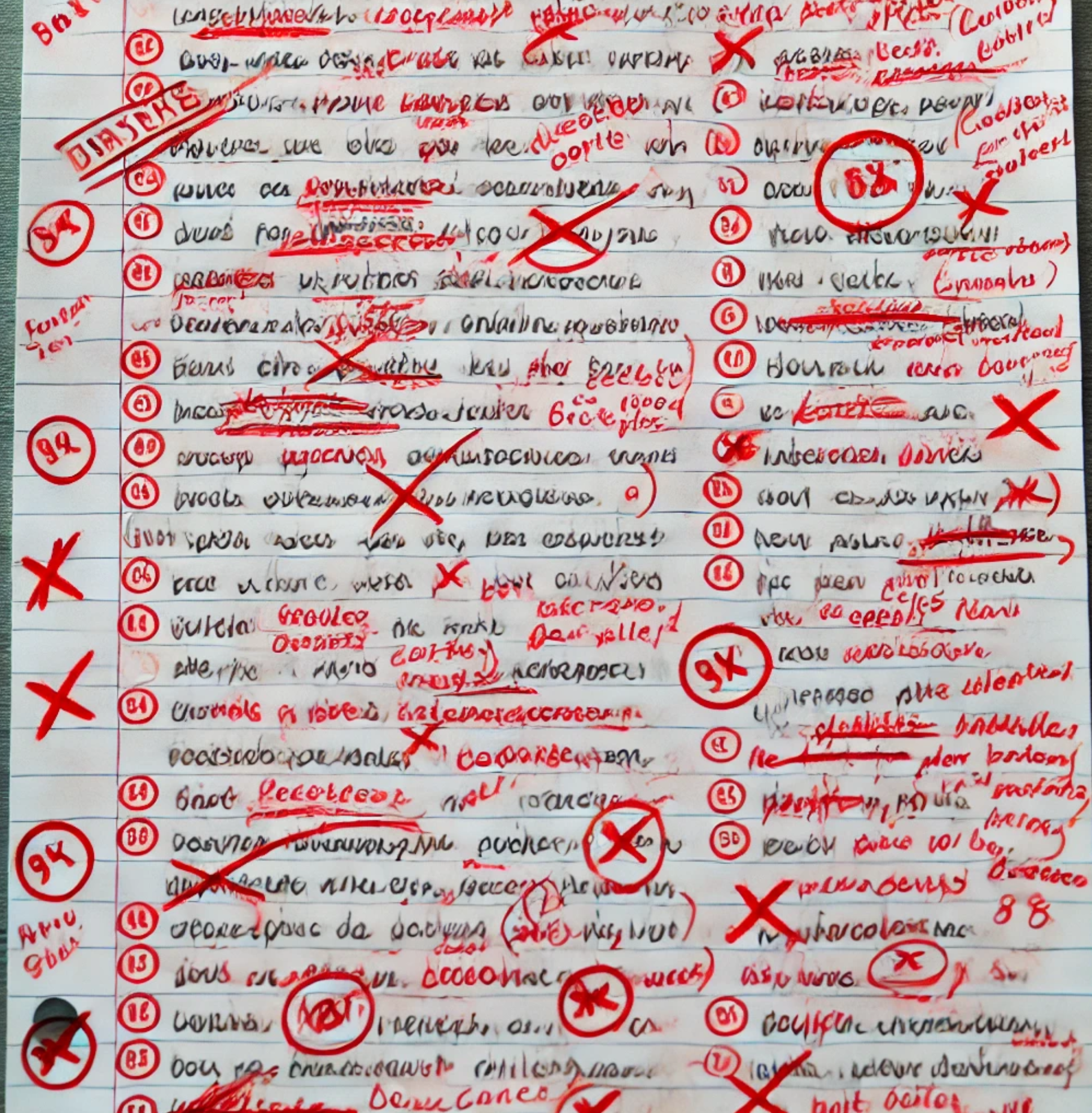 A sheet of paper with handwritten homework, covered in red marks and corrections