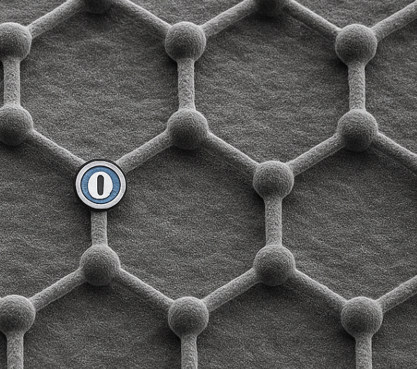 Graphene under an electron microscope, with a 1Password logo