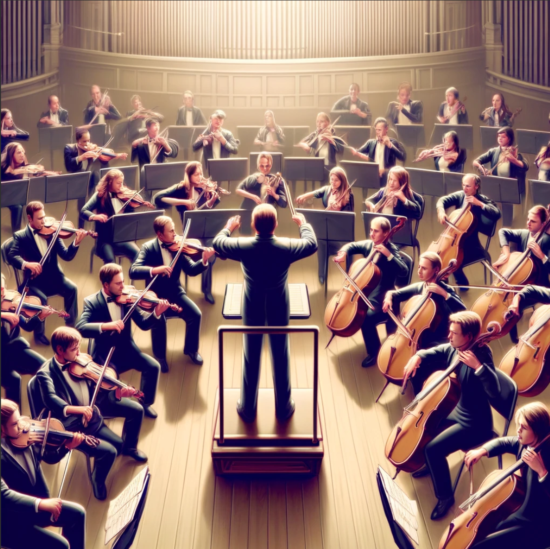 A conductor leading an orchestra