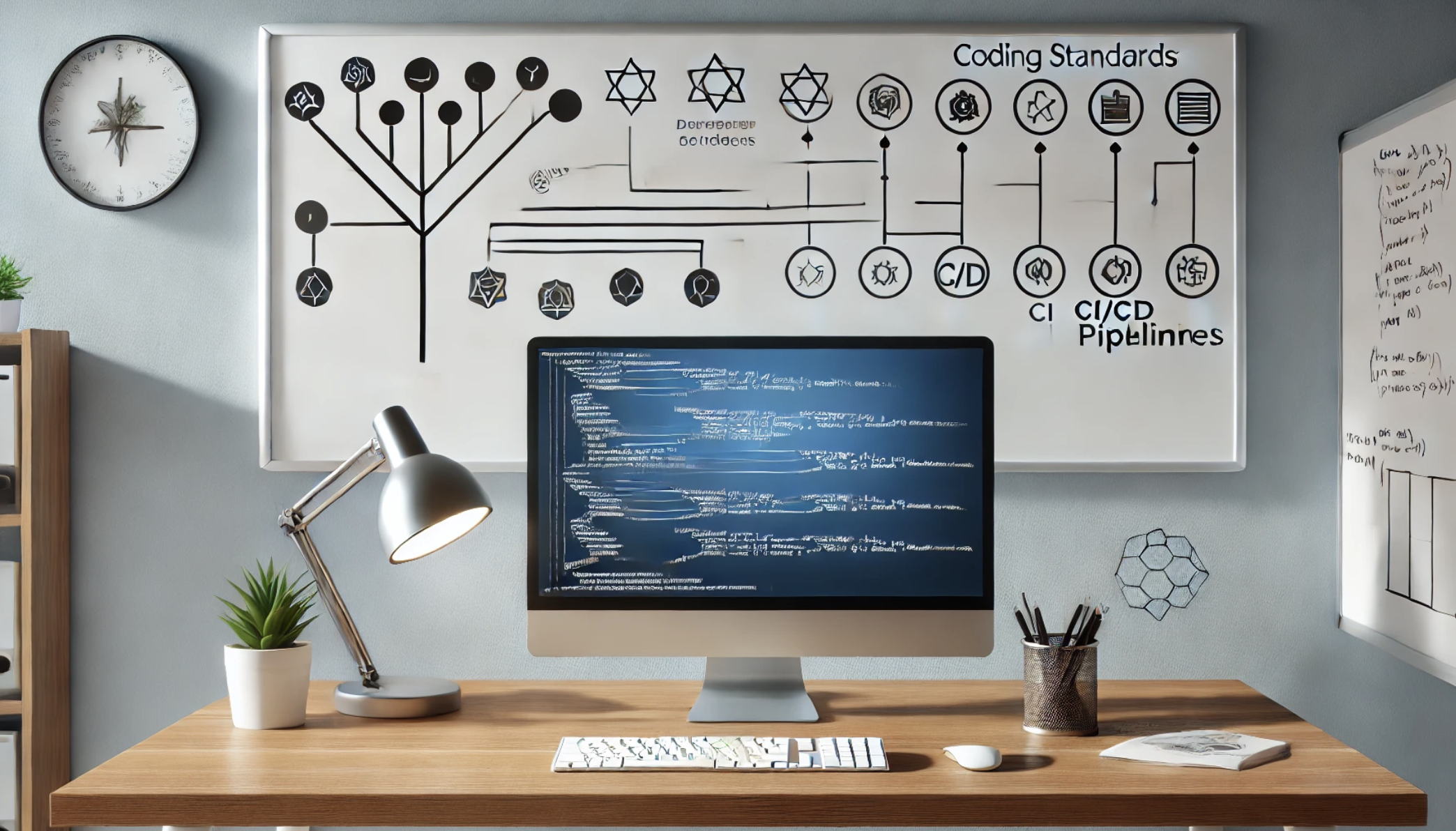 A tidy desk with a computer and a whiteboard, showing a diagram with some sort of CI/CD related flow chart on it