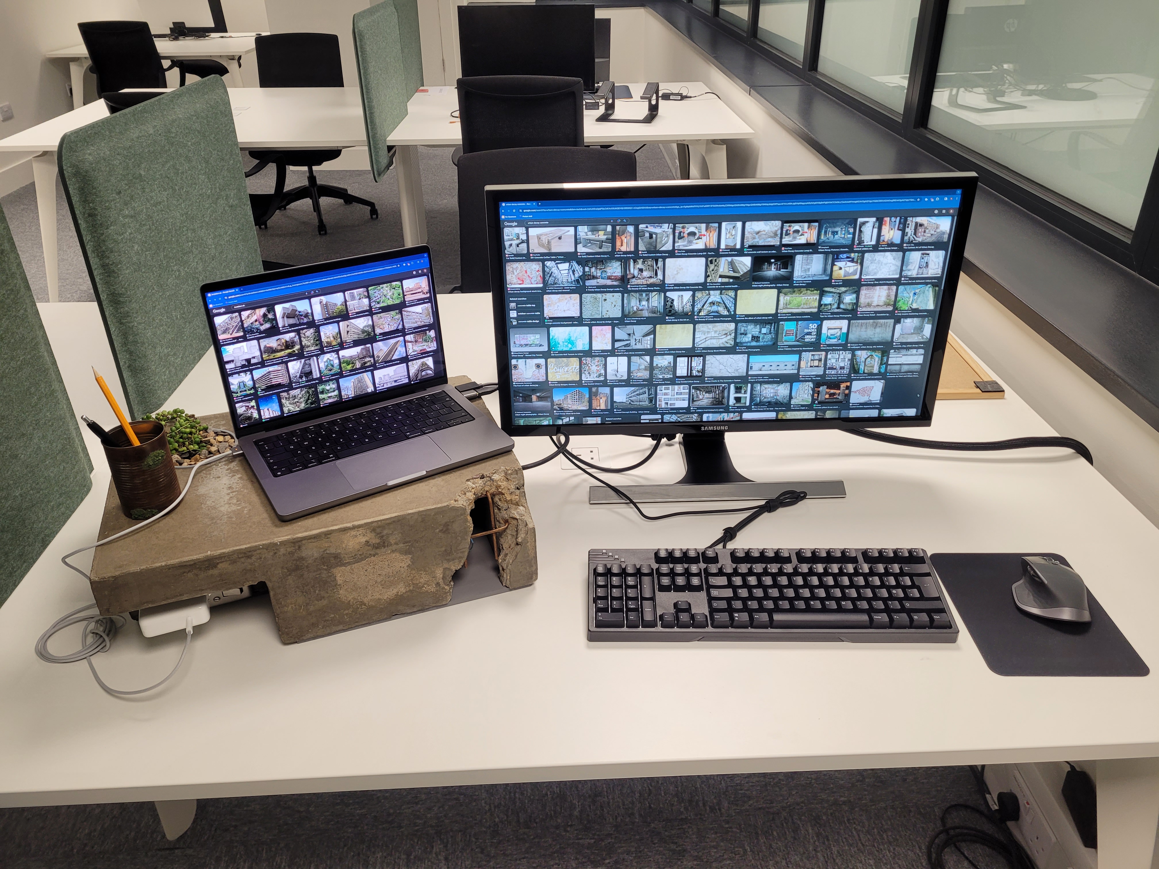 Concrete laptop stand in use