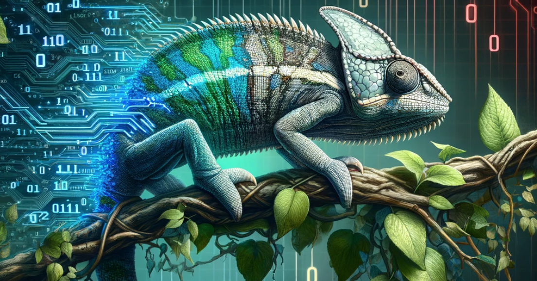 A chameleon, his tail turning into a stream of digital data