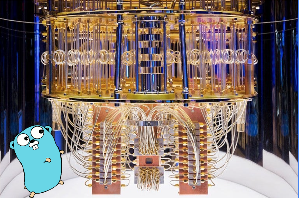 An IBM super-cooled superconductor quantum computer, with a Golang gopher standing next to it looking astounded