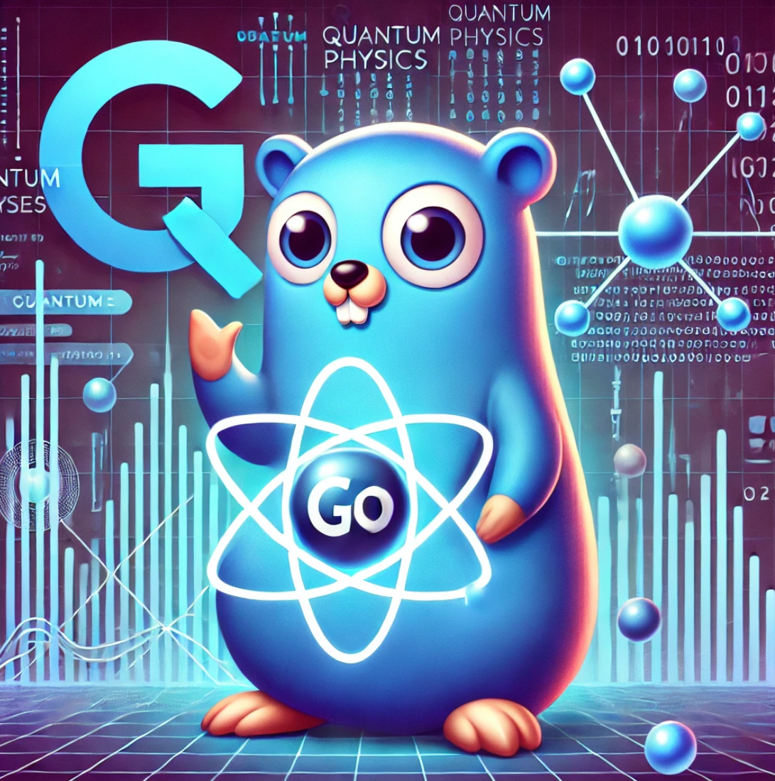 A gopher, stylised with imagery relating to quantum computing.