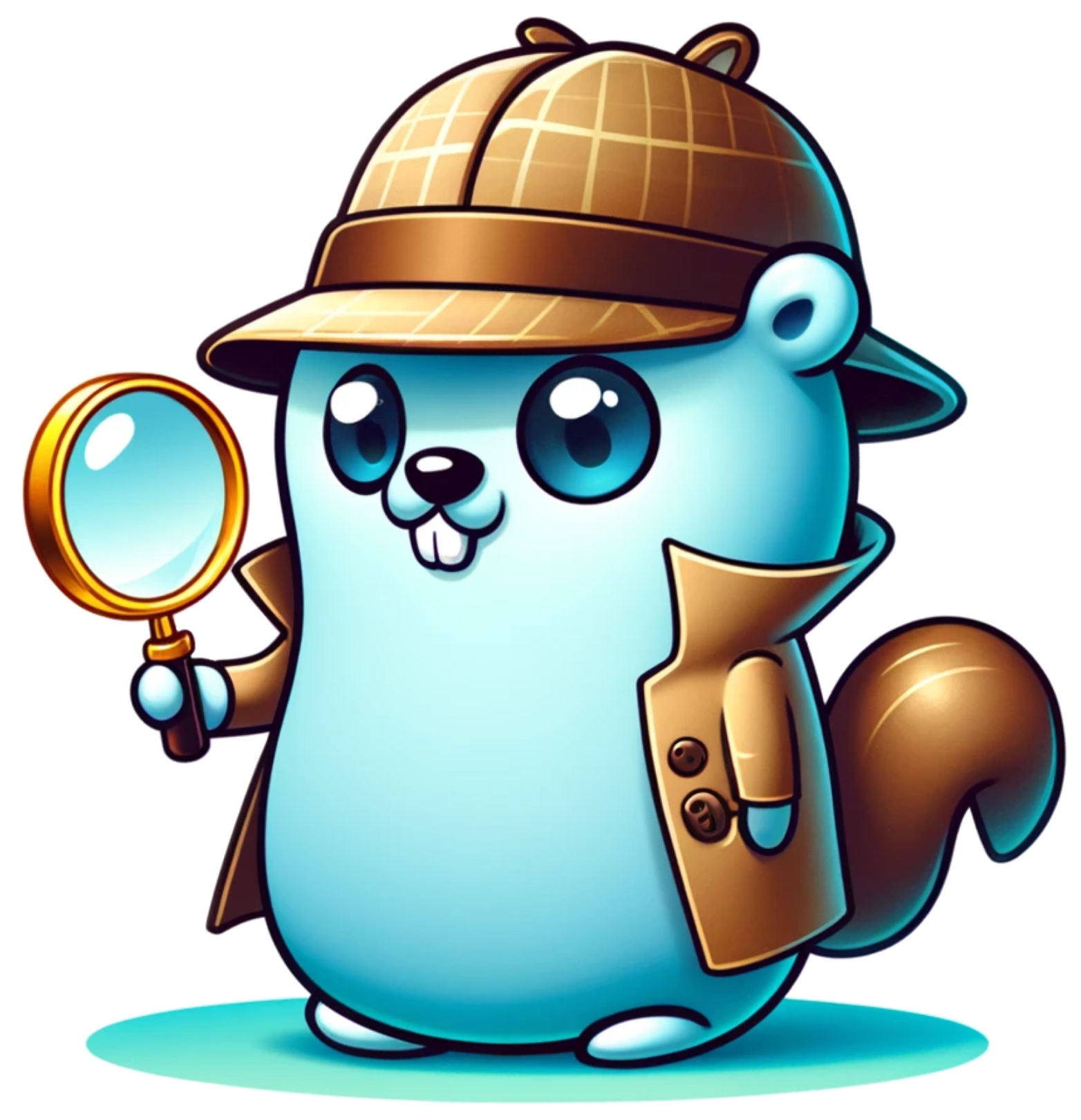 A Golang Gopher, wearing a Sherlock Holmes deerstalker hat, and holding a magnifying glass