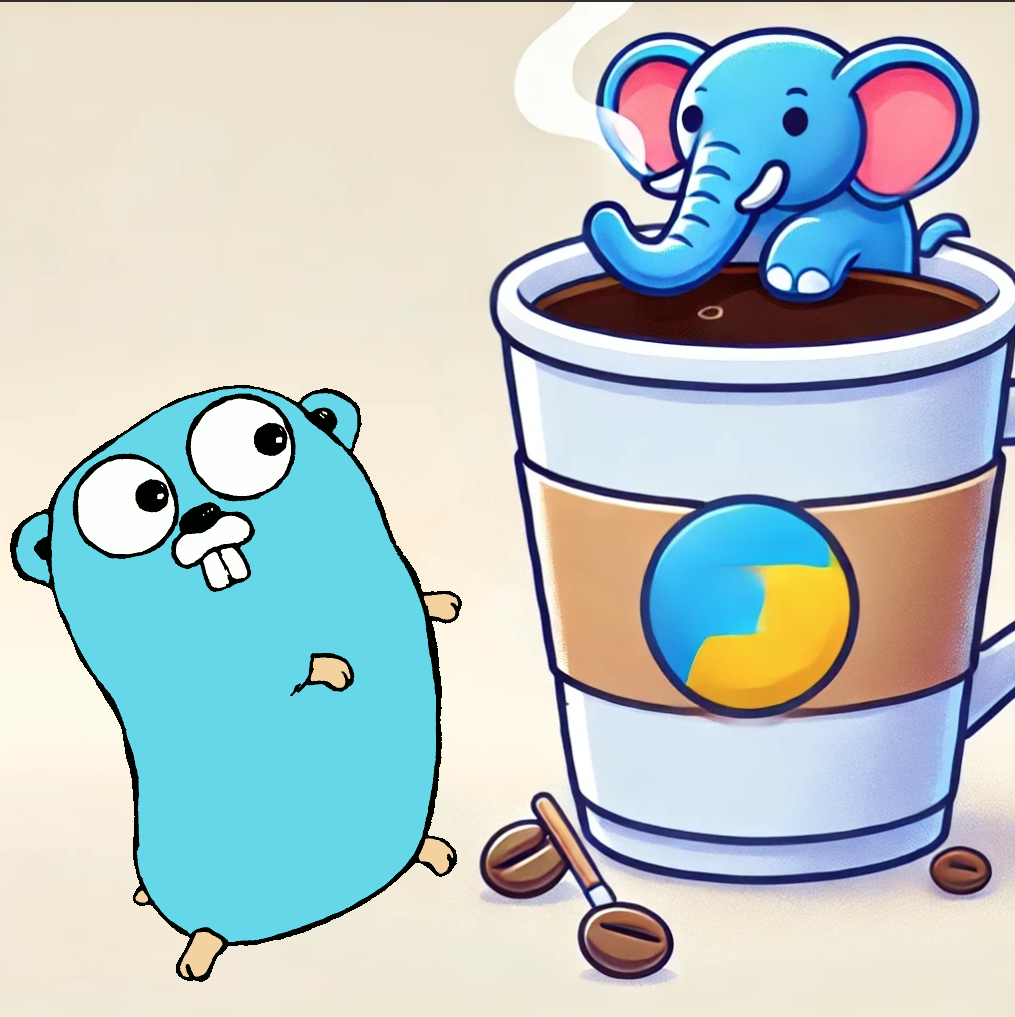 A Golang gopher looking at a cup of coffee, symbolising Java, and an elephant, symbolising PHP.