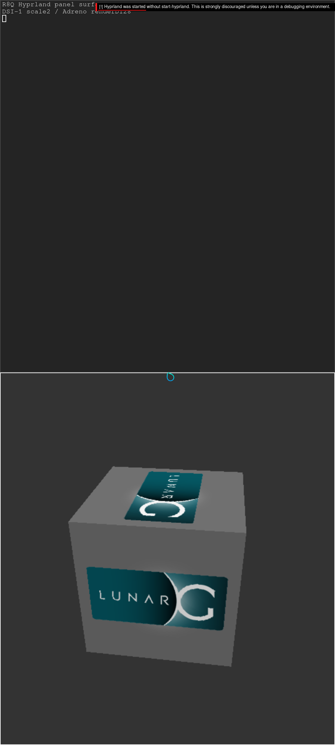A Vulkan cube rendered on the phone in a Hyprland trial, alongside a terminal
