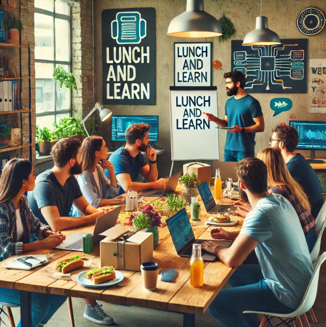 A Lunch and Learn session at a tech company. Developers are sitting around a table with sandwiches. One of them is standing at the front doing a presentation