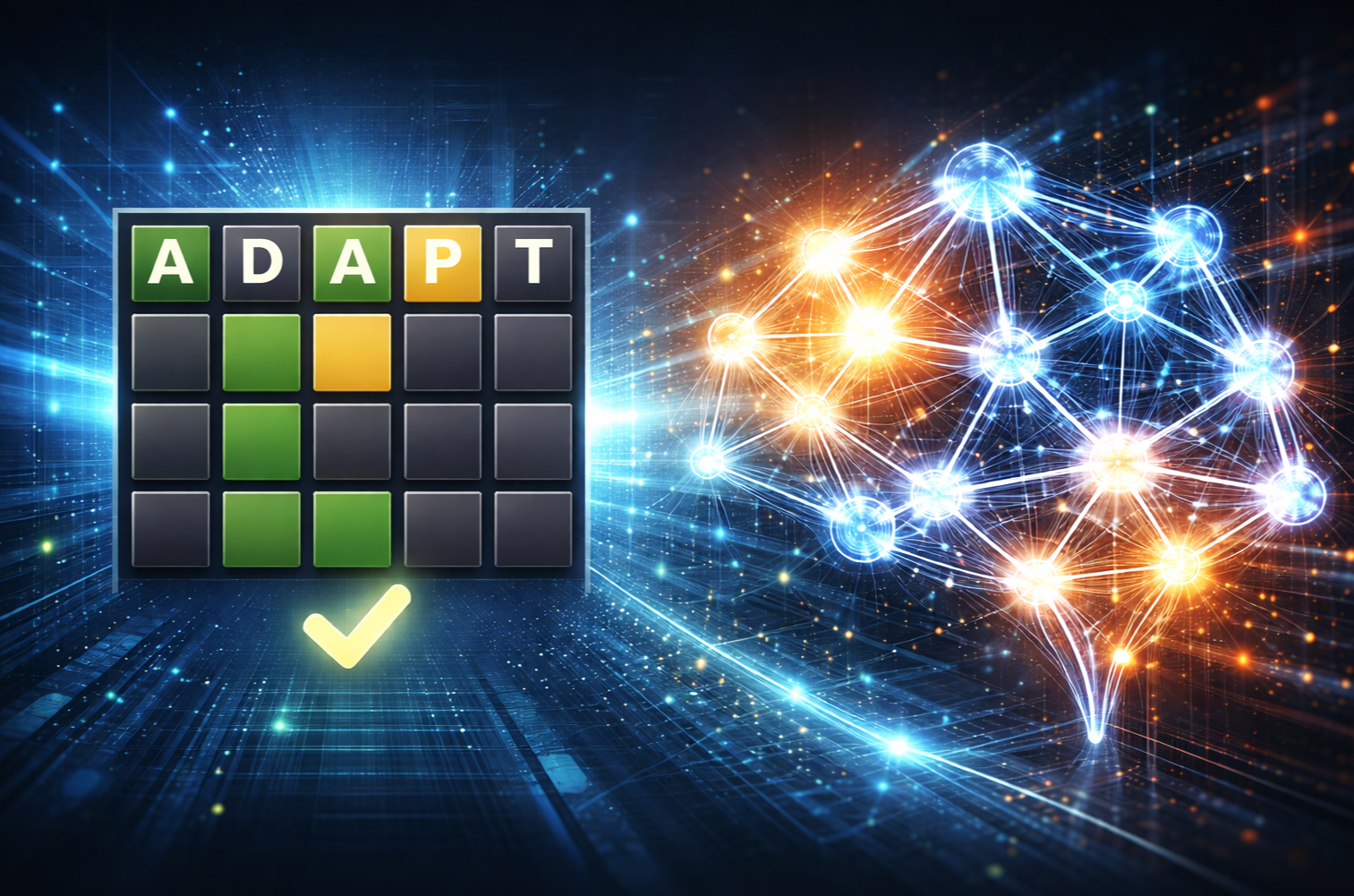 Abstract picture of a Wordle grid, a neural net, and the word 'adapt', implying natural selection and evolution
