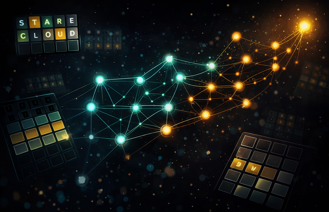 Abstract picture of a Wordle grid, and a Neural Net