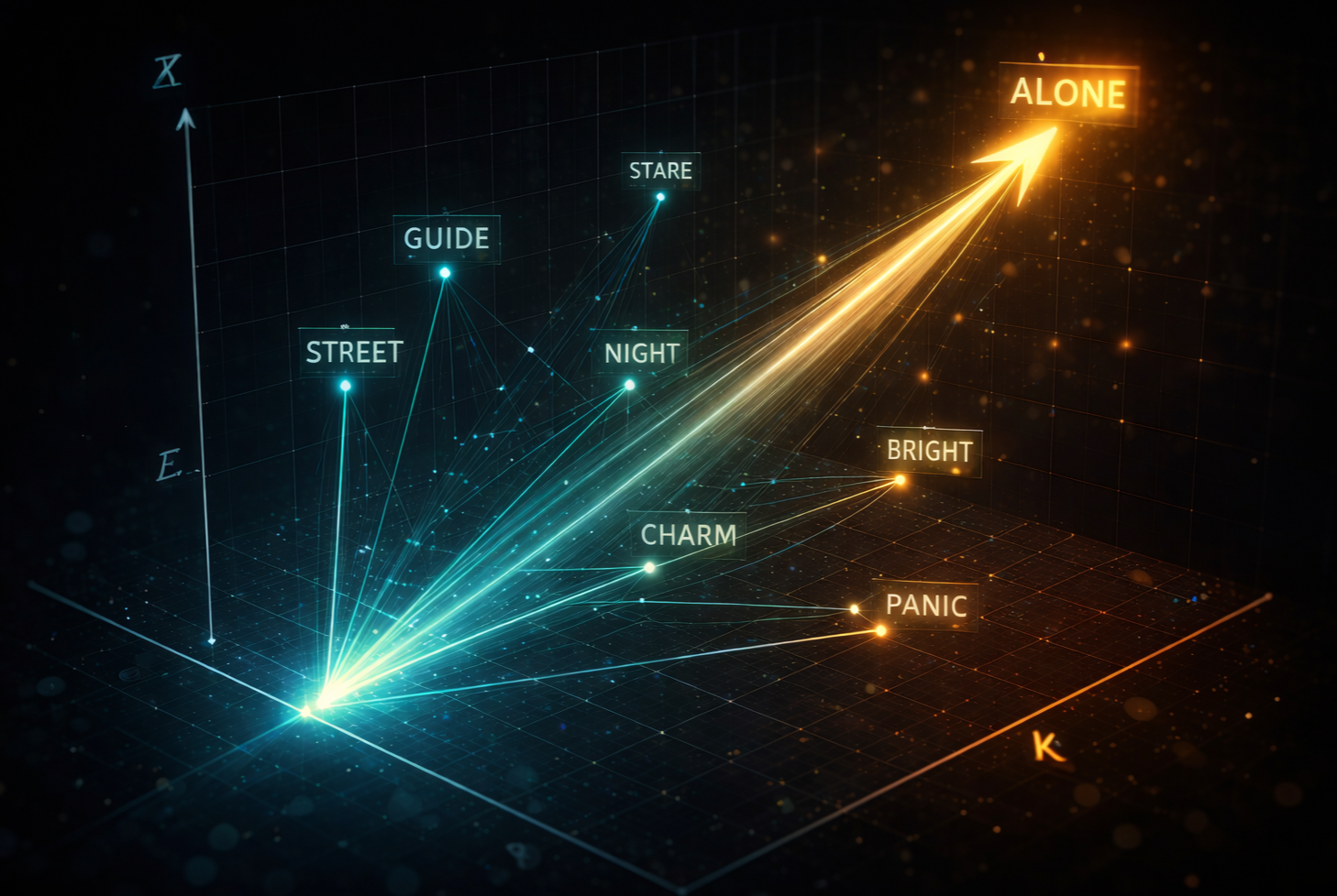 Abstract art representing output embedding, with a graph and some 5-letter words