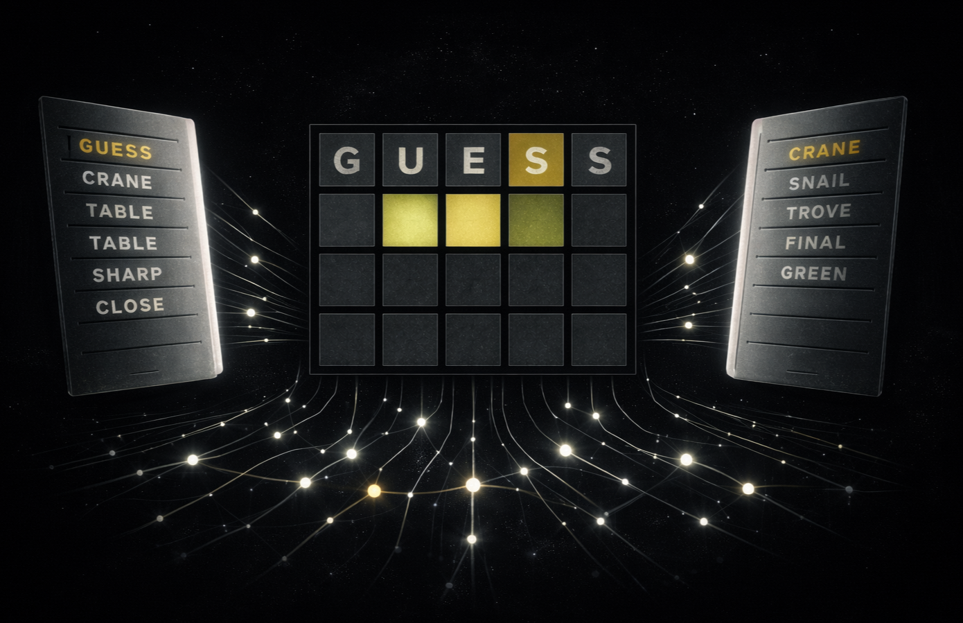 Abstract picture of a Wordle grid, and some wordlists