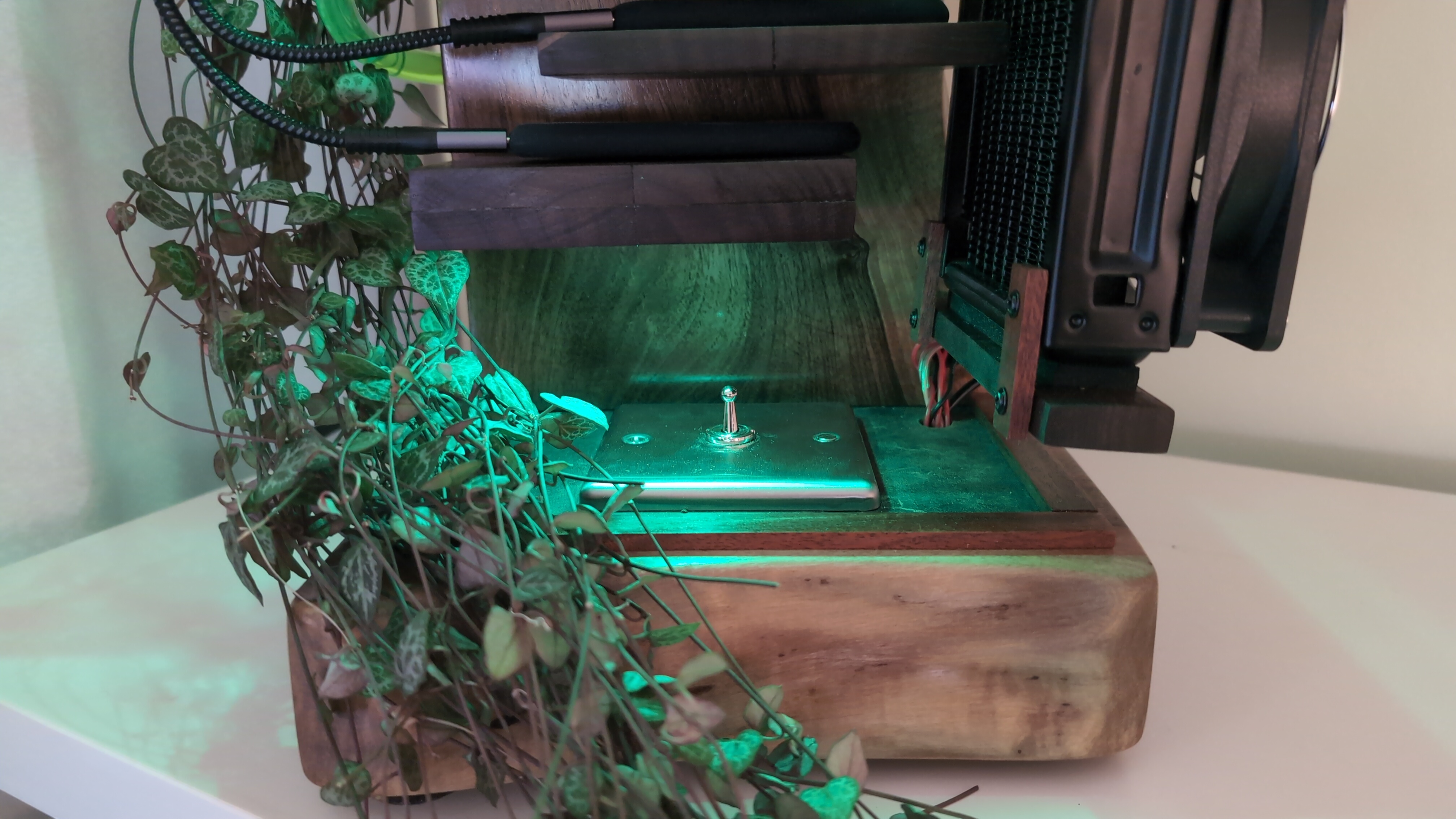Leather upholstery and green underlighting on the master switch