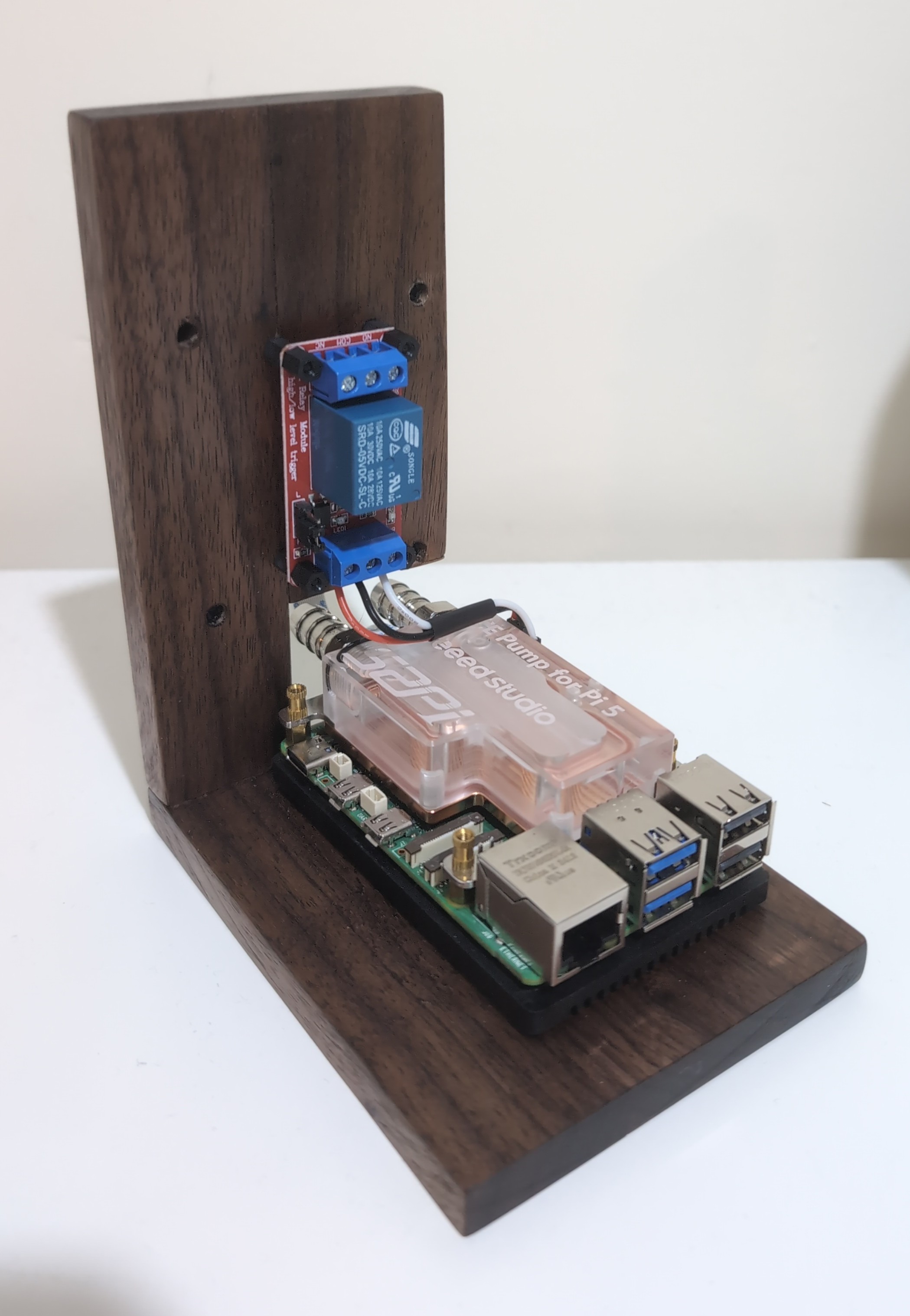 Raspberry Pi and relay mounted on the shelf