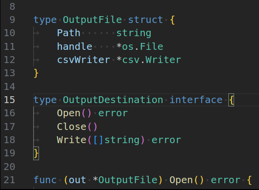 A screenshot of some Go code. It shows an interface describing a generic data access object (or struct), and a concrete implementation which is to do with CSV files