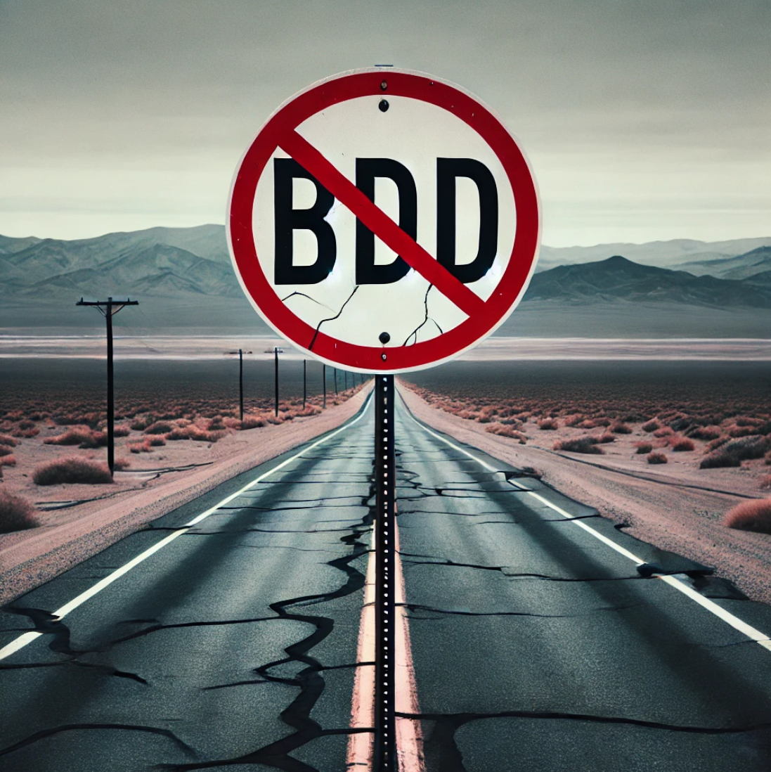 You're not doing BDD: a sign on a highway. It says 'BDD' in a red circle with a line through it.